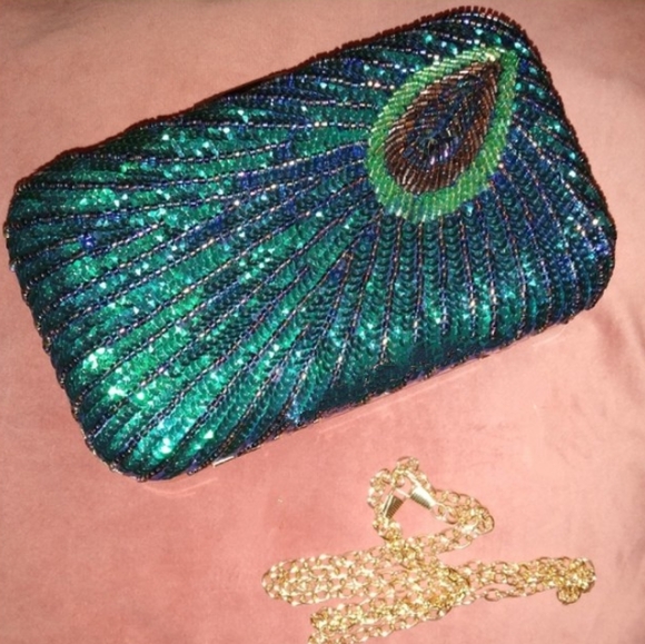 Peacock Blue Feather Retro 20s 30s Style Sequin Box Clutch Purse Crossbody Chain - Picture 8 of 16